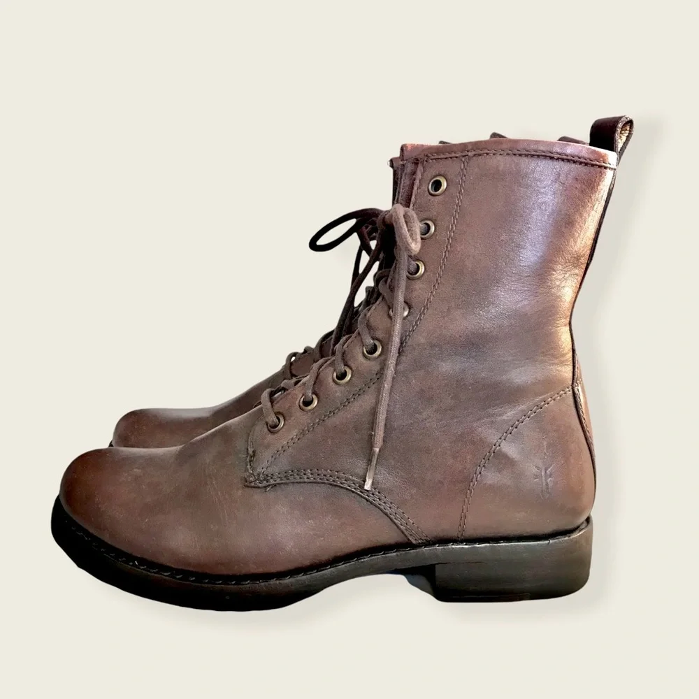 Frye Veronica Combat Brown Genuine Leather Lace Up Moto Combat Retro Ankle Boots - Picture 10 of 15